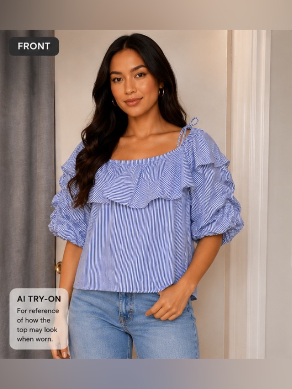 Stylehouse Blue & White Striped Ruffle Puff Sleeve Blouse Size Medium